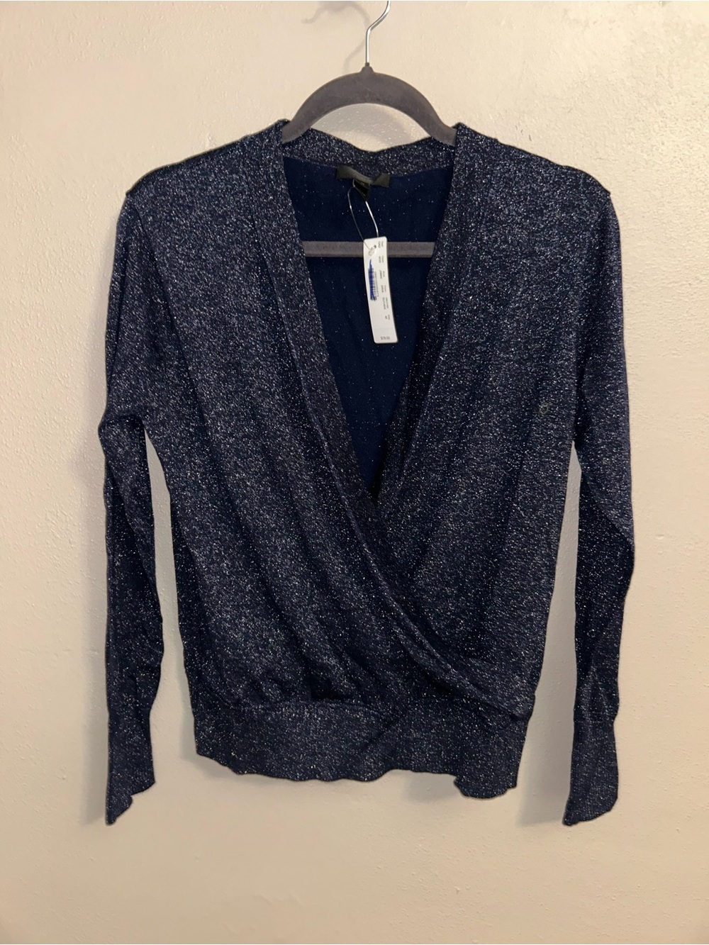 Navy Metallic J Crew Shimmer Wrap Sweater Sparkle Lurex Balletcore Quiet Luxury